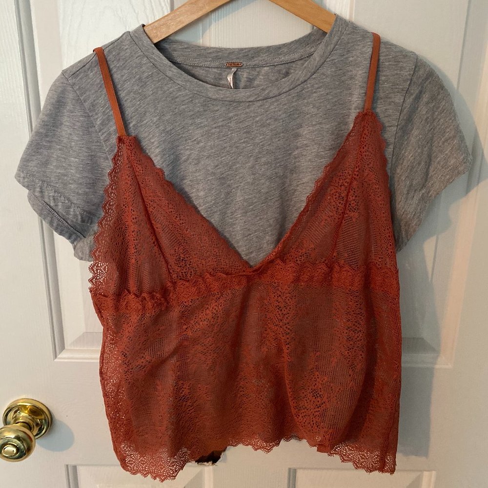 Free People Coral Lace Tank Attached Grey Tshirt